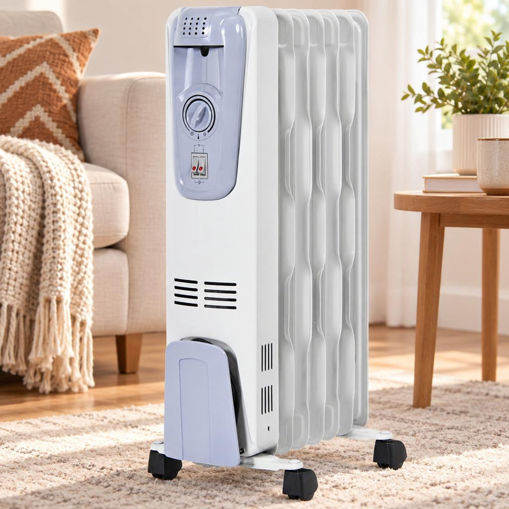 Airfind 1500W Oil Filled Radiator Heater with Thermostat and 4 Wheels for Living Room and Office, Steel Frame for Everyday Use, White