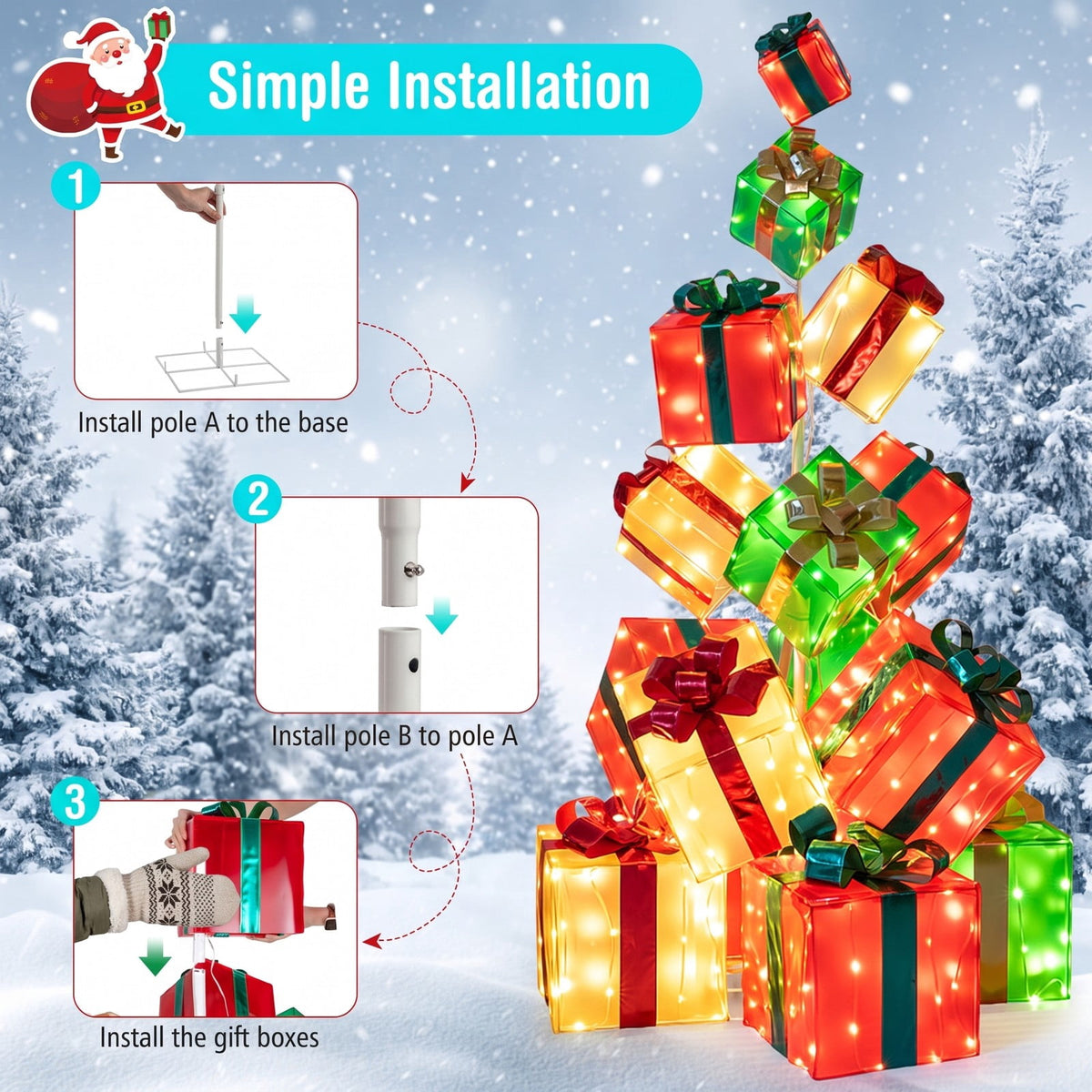 Airfind 15 PCS Lighted Christmas Boxes with Bowknot and 483 LED Light Bulbs for Indoor Outdoor, PVC Fabric Metal Frame, Red + Green + Gold
