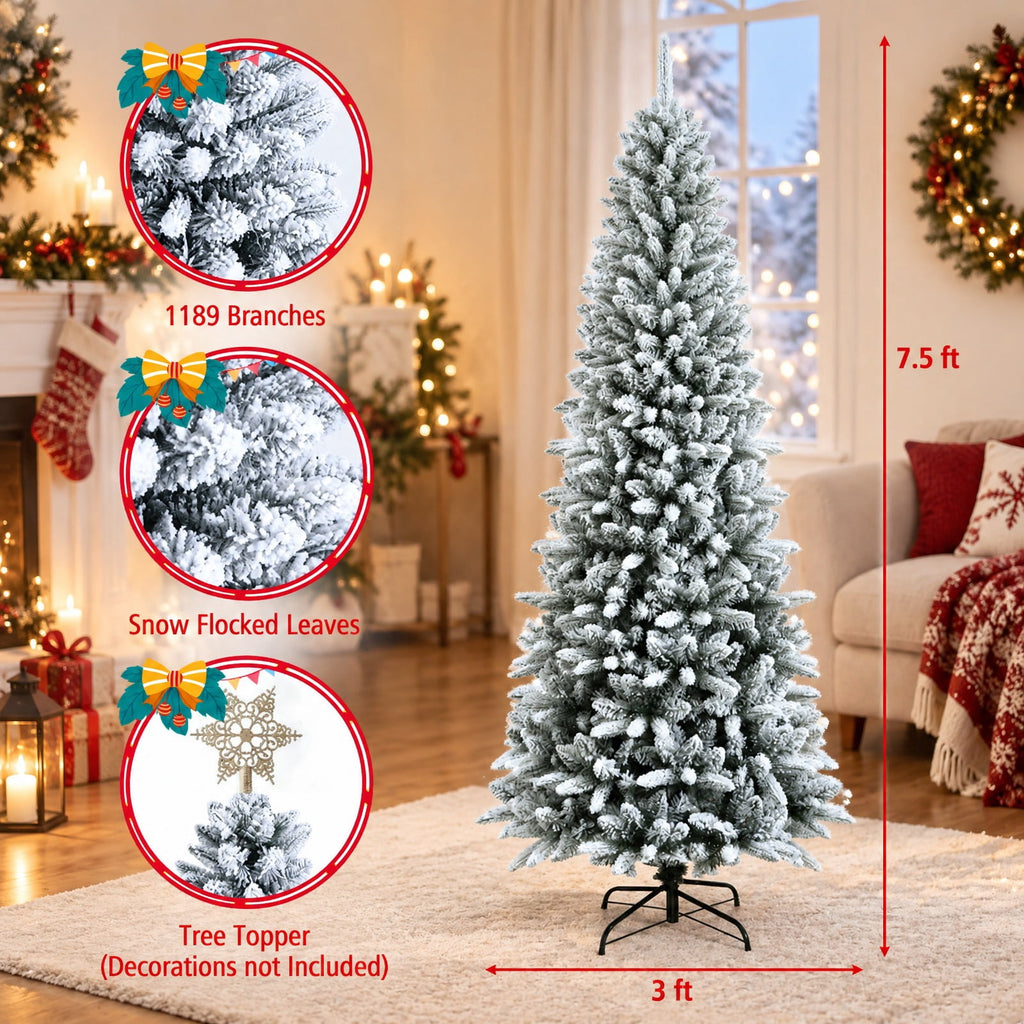Airfind Snow-Flocked Hinged Artificial Christmas Pencil Tree with Mixed Tips-7.5 ft, White, Number of tips 373 829 1189