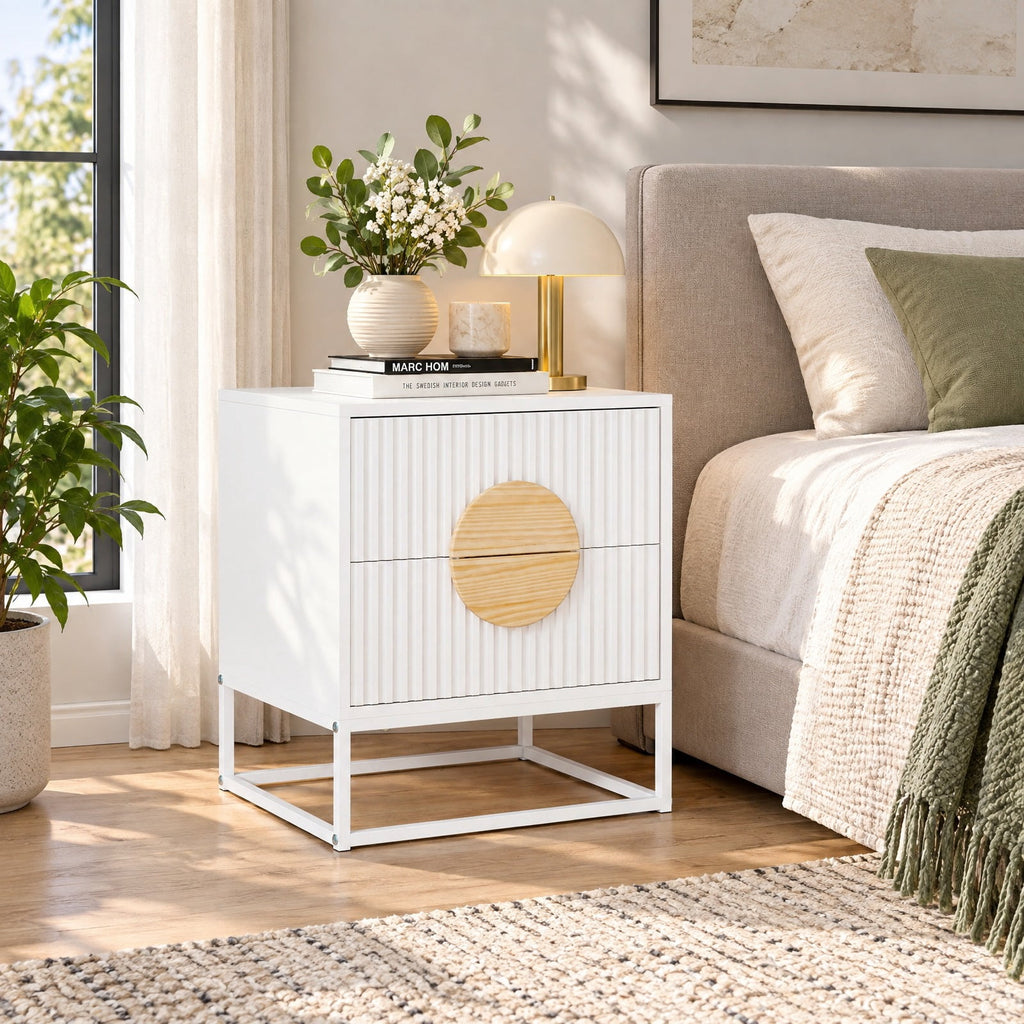 Airfind Modern Mid Century Fluted Nightstand with 2 Drawers and Pine Wood Handles for Bedroom, 66 lbs Capacity, Engineered Wood MDF Pine Wood Frame