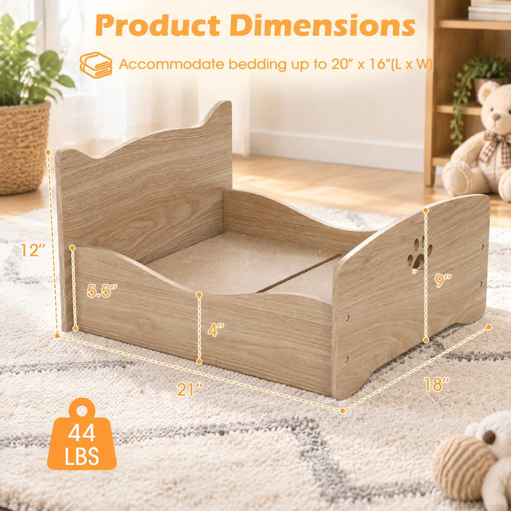 Airfind Elevated Pet Bed Frame with Rails and Cute Headboards, 44 lbs Capacity, MDF Particle Board Frame, 21 x 18 x 20 Suitable Footprint, Walnut