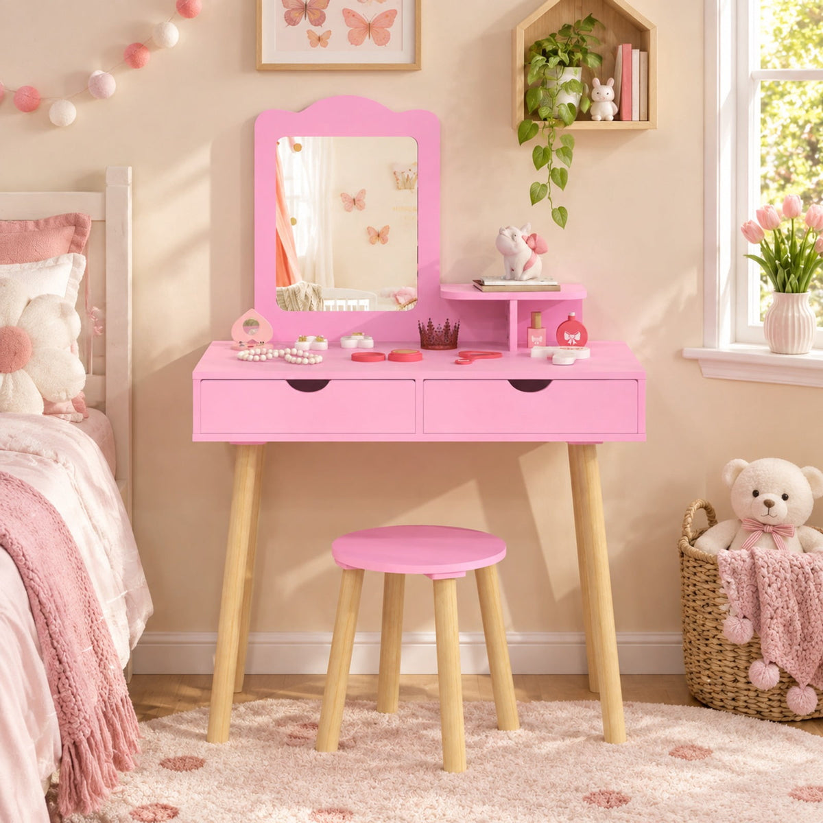 Airfind Kid Vanity Table Chair Set with Mirror and 2 Large Storage Drawers, 44 lbs Capacity, Pine wood MDF Frame, 28in x 13in x 39in Footprint, Pink