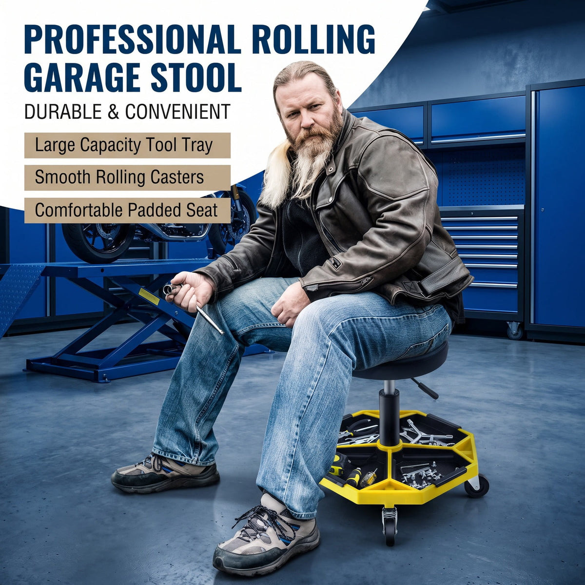 Airfind 330 LBS Capacity Pneumatic Rolling Mechanic Stool with Padded Seat, 20 x 20 x 16 inch Footprint, Yellow