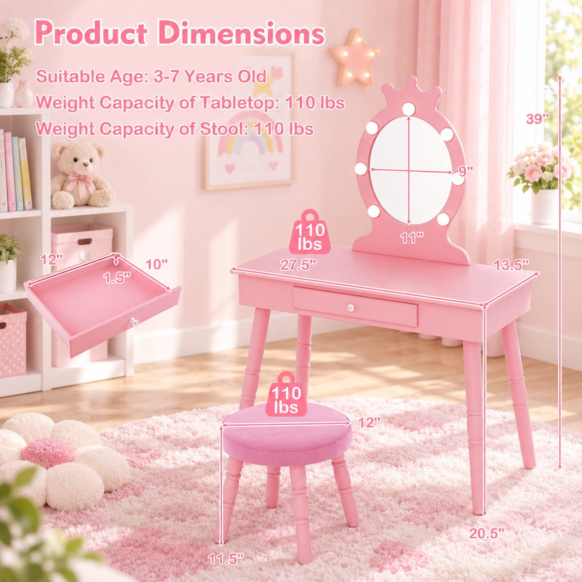 Airfind Kids Vanity Set with Lighted Mirror with Adjustable Brightness and Large Drawer, 110 lbs Capacity, MDF Frame, for 3-7 Years Old, Pink