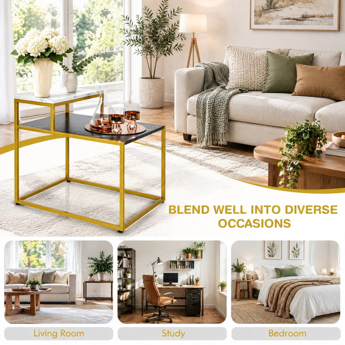Airfind 2 Tier End Side Table with Metal and Storage Shelf for Living Room, 66 Lbs Capacity, Metal Mdf, 24 Inch X 18 Inch X 22 Inch, White