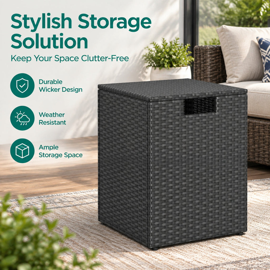 Airfind Rattan Propane Tank Cover Patio Hideaway Tank Side Table, 80 lbs Capacity, PE Rattan Metal Frame, 16 x 16 x 22.5 Footprint, Black