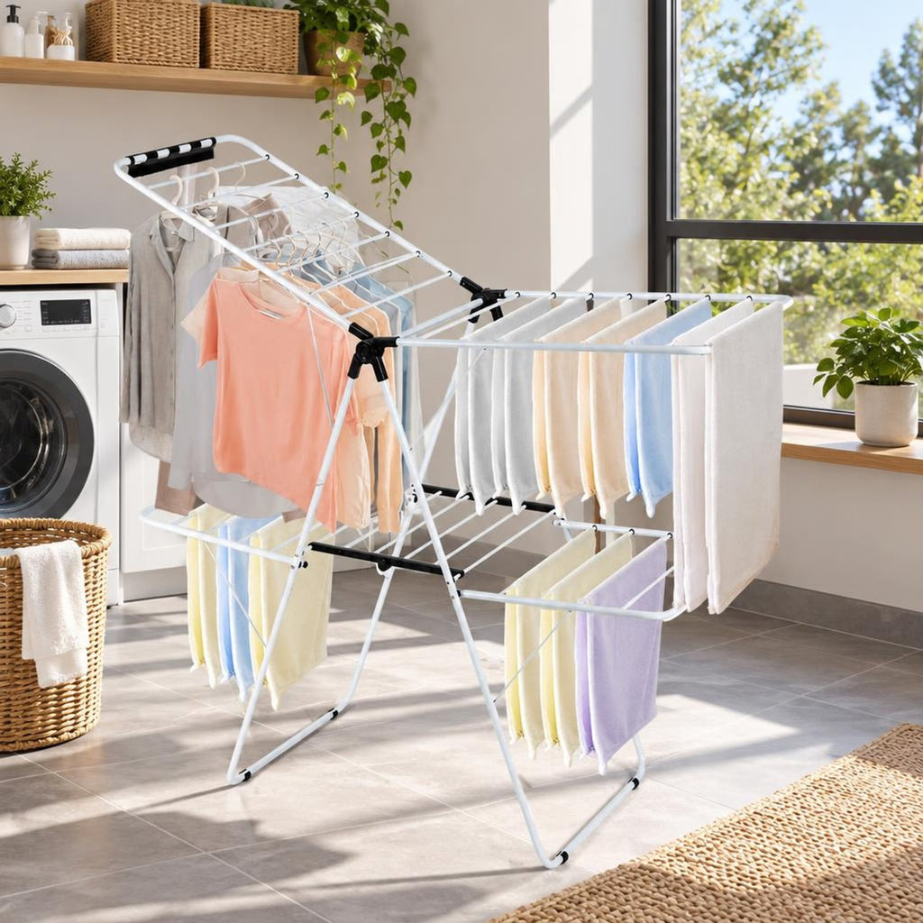 Airfind 2-Tier Foldable Clothes Drying Rack with Adjustable Gullwing, 80 lbs Capacity, Steel Plastic Frame for Everyday Use, White