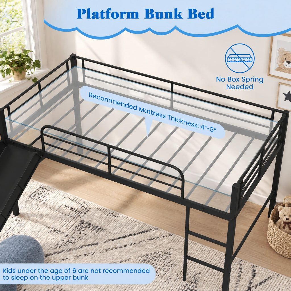Airfind Twin Metal Loft Bed with Slide Safety Guardrails and Built-in Ladder, 330 lbs Capacity, Steel Frame, 78 x 98 x 43 Footprint, Black