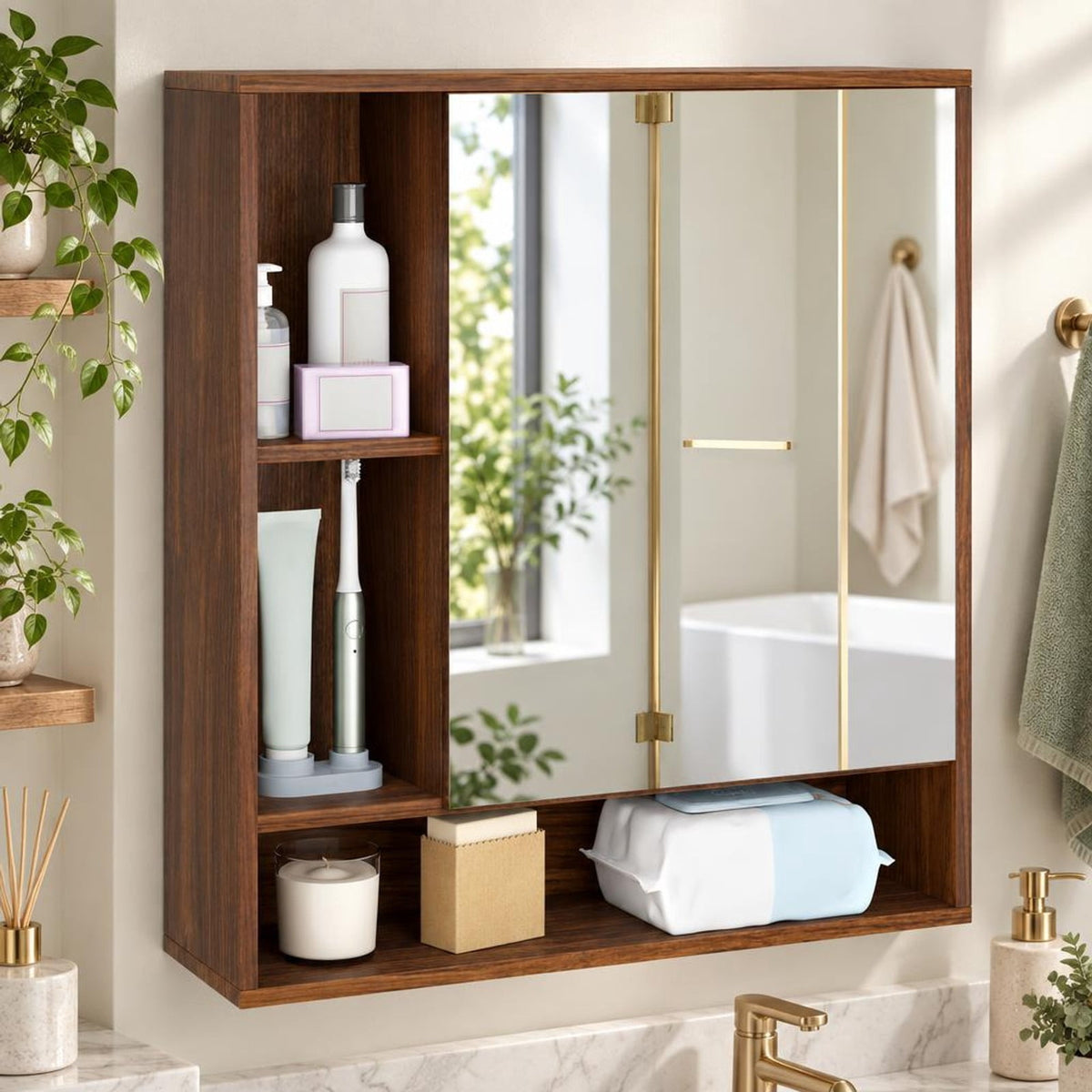 Airfind Wall Mounted Bathroom Cabinet with Mirror Single Door, 176 lbs Capacity, Glass MDF Engineered Wood Frame, 21.5 Inch x 6.5 Inch x 24 Inch Footprint