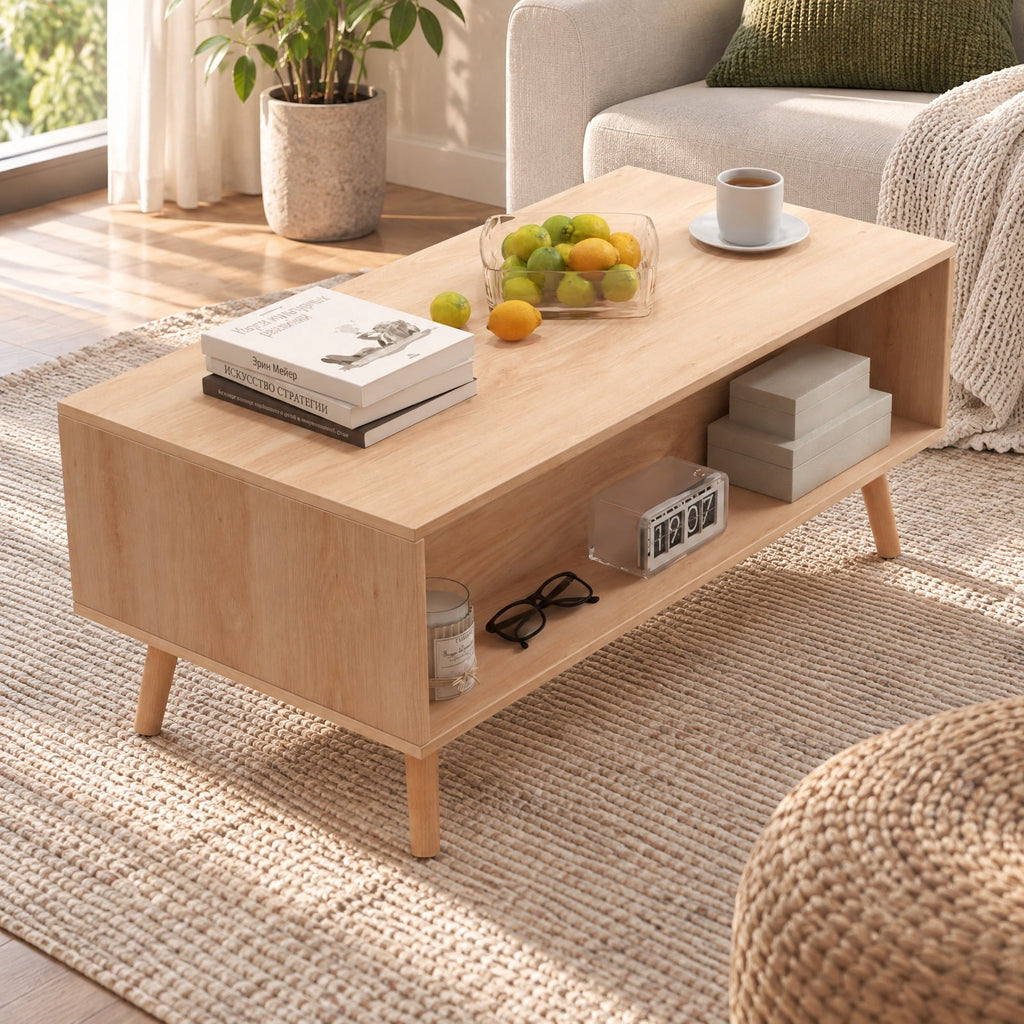 Airfind Rattan Coffee Table Mid Century Modern Center Table with 2 Storage Drawers, 132 lbs Capacity, Natural