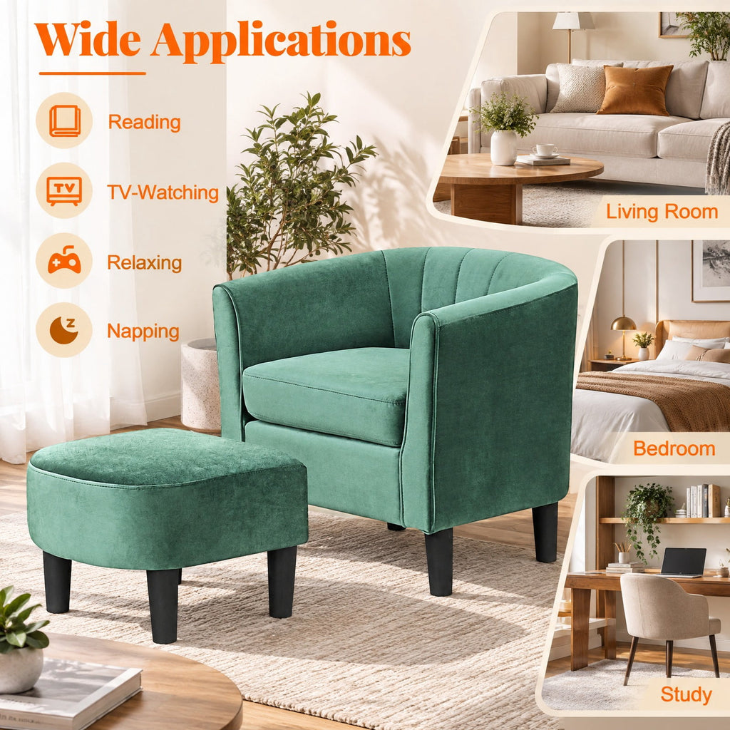 Airfind Upholstered Teddy Velvet Club Barrel Chair with Ottoman with Footrest, Velvet/ Teddy Velvet Sponge Plywood Plastic Frame, Green