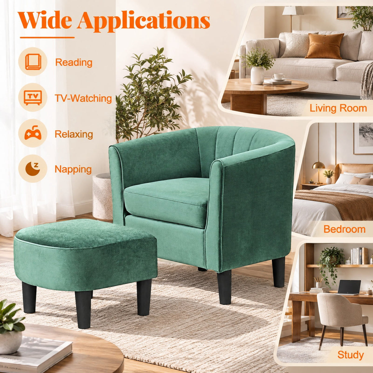 Airfind Upholstered Teddy Velvet Club Barrel Chair with Ottoman with Footrest, Velvet/ Teddy Velvet Sponge Plywood Plastic Frame, Green