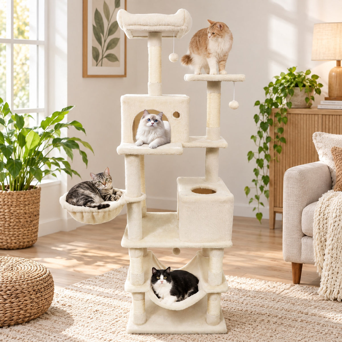 Airfind 66 Inch Tall Cat Tree Multi-Level Cat Tower with 2 Condos Sisal Scratching Posts, 33 lbs Capacity, Beige