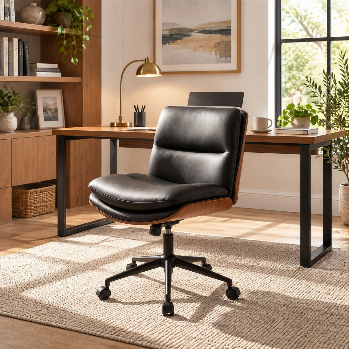 Airfind Armless Office Chair with Curved Backrest and Padded Seat, 245 lbs Capacity, Faux Leather Sponge Metal Plywood Frame, Black