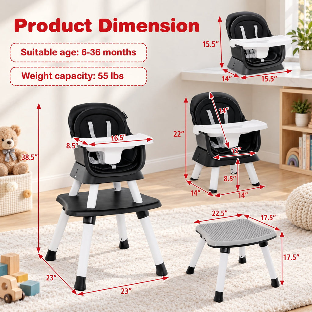 Airfind 6-in-1 Convertible Youth High Chair with Adjustable Removable Tray, 55 lbs Capacity, PP PU for Everyday Use, Unspecified