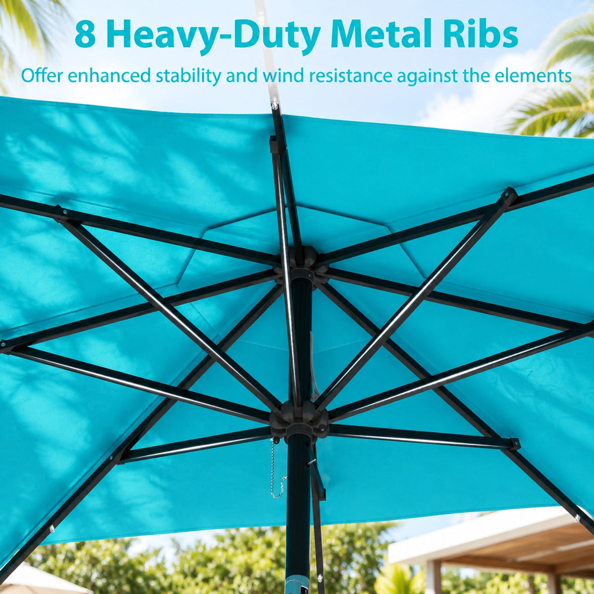 Airfind 10 Feet Solar Patio Umbrella with 24 LED Lights, Polyester Fabric Metal Frame, 10 x 8.3 ft Umbrella Rim Height 6.9 ft Footprint, Turquoise