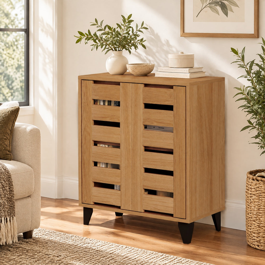 Airfind 4-Tier Farmhouse Shoe Organizer with Louvered Door, 110 lbs Capacity, MDF Engineered Wood Plastic Frame, 24 x 13 x 28 Footprint, Natural
