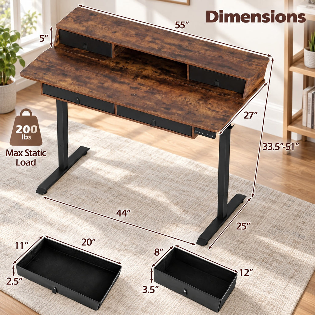 Airfind 55 Inch x 27 Inch Electric Standing Desk with Drawers, Engineered Wood Metal Fabric Frame, 55 Inch x 27 Inch x 33.5 Inch -51 Inch Footprint, Brown