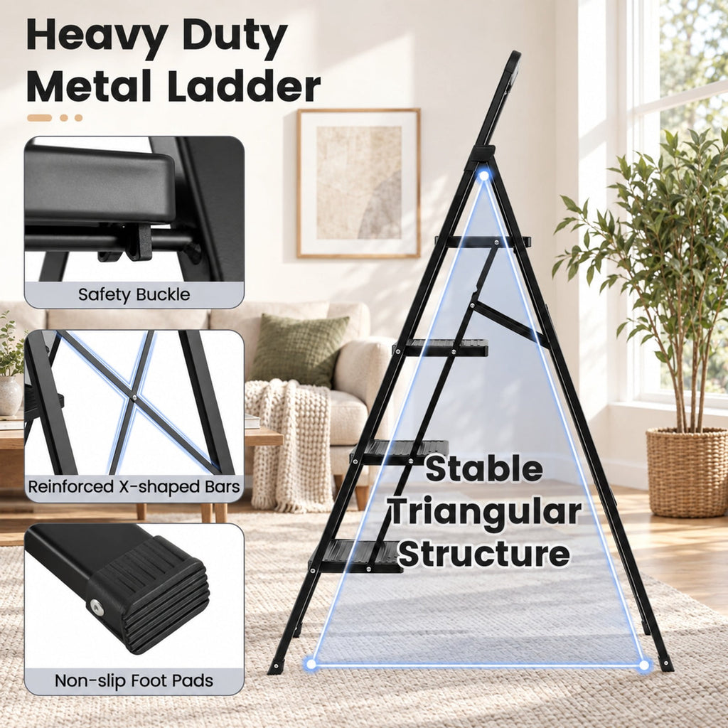 Airfind 4 Step Black Folding Step Stool with Wide Anti, 330 lbs Capacity, Metal PE Frame, Black, Overall Dimensions 2-Step 16.5 x 20 x