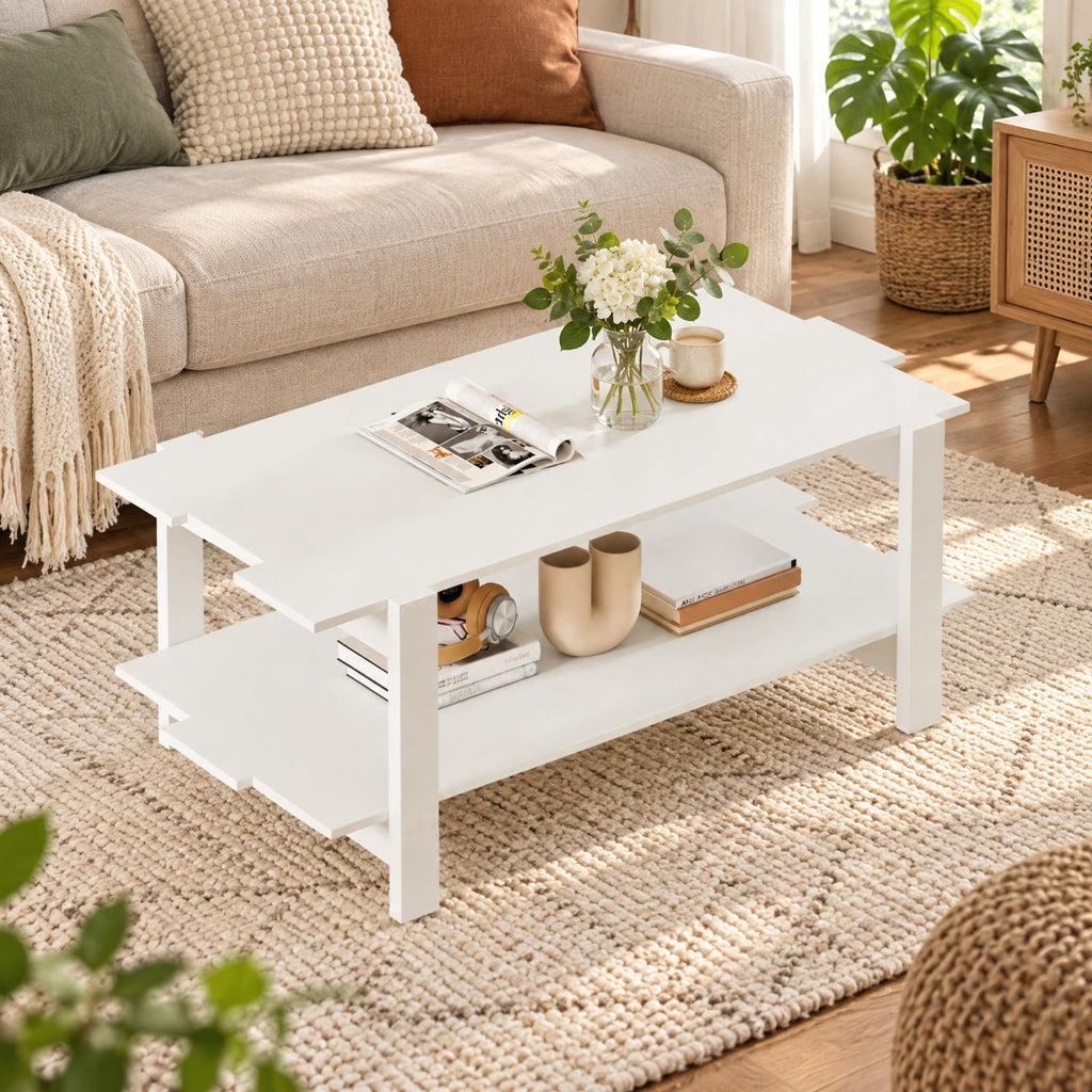 Airfind 2-Tier Coffee Table Slatted Wood Center Table with Storage Shelf, 135 lbs Capacity, Engineered Wood Frame, 45 x 23.5 x 18.5 Footprint