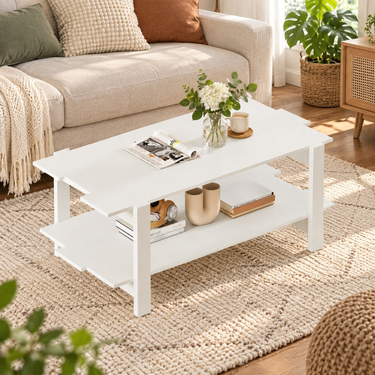 Airfind 2-Tier Coffee Table Slatted Wood Center Table with Storage Shelf, 135 lbs Capacity, Engineered Wood Frame, 45 x 23.5 x 18.5 Footprint