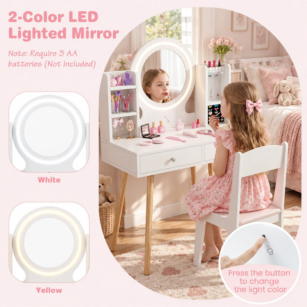 Airfind Kids Vanity Set with Lighted Mirror and Storage Drawers, 110 lbs Capacity, Engineered Wood Frame, for 3+ years old, White
