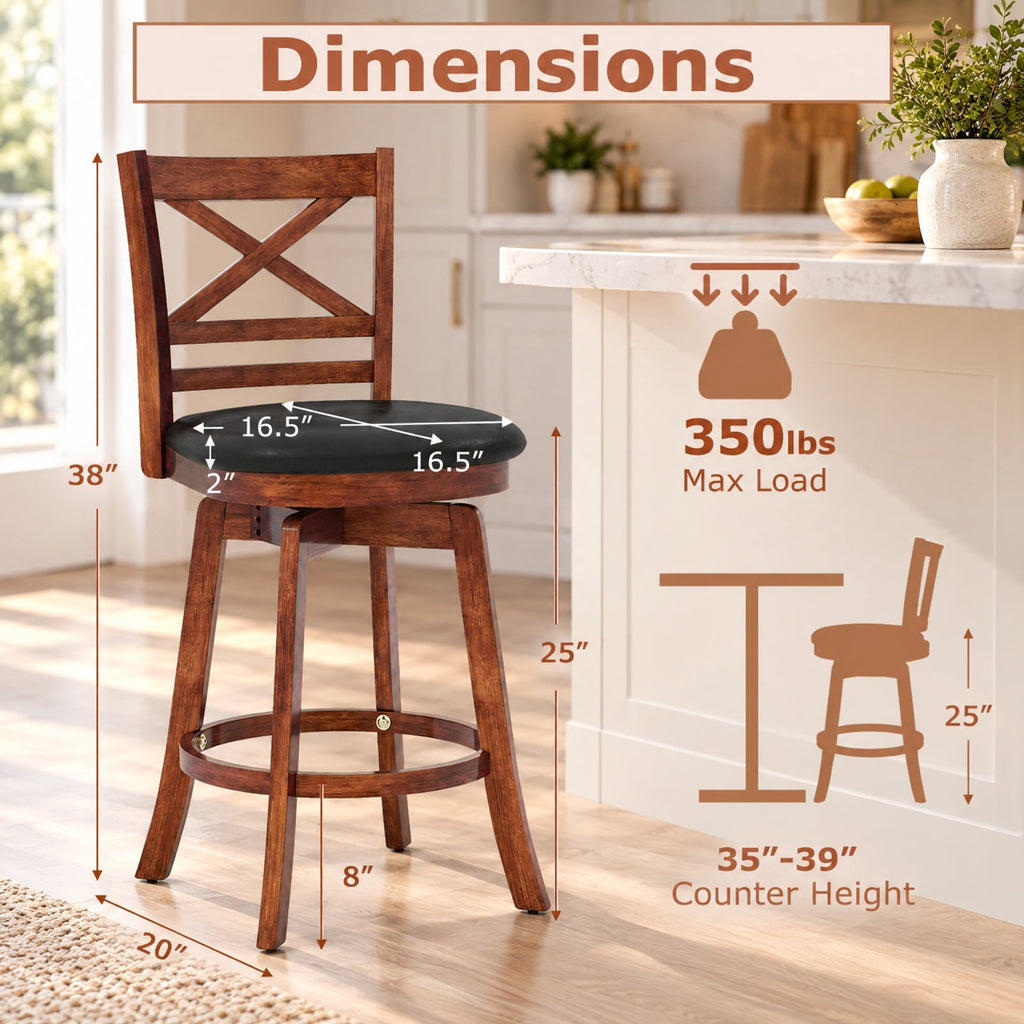 Airfind Swivel Barstools Set of 2 with Backrest and Footrest-24 Inches, 350 lbs Capacity, Rubberwood PU MDF Sponge Frame, Antique Walnut + Black