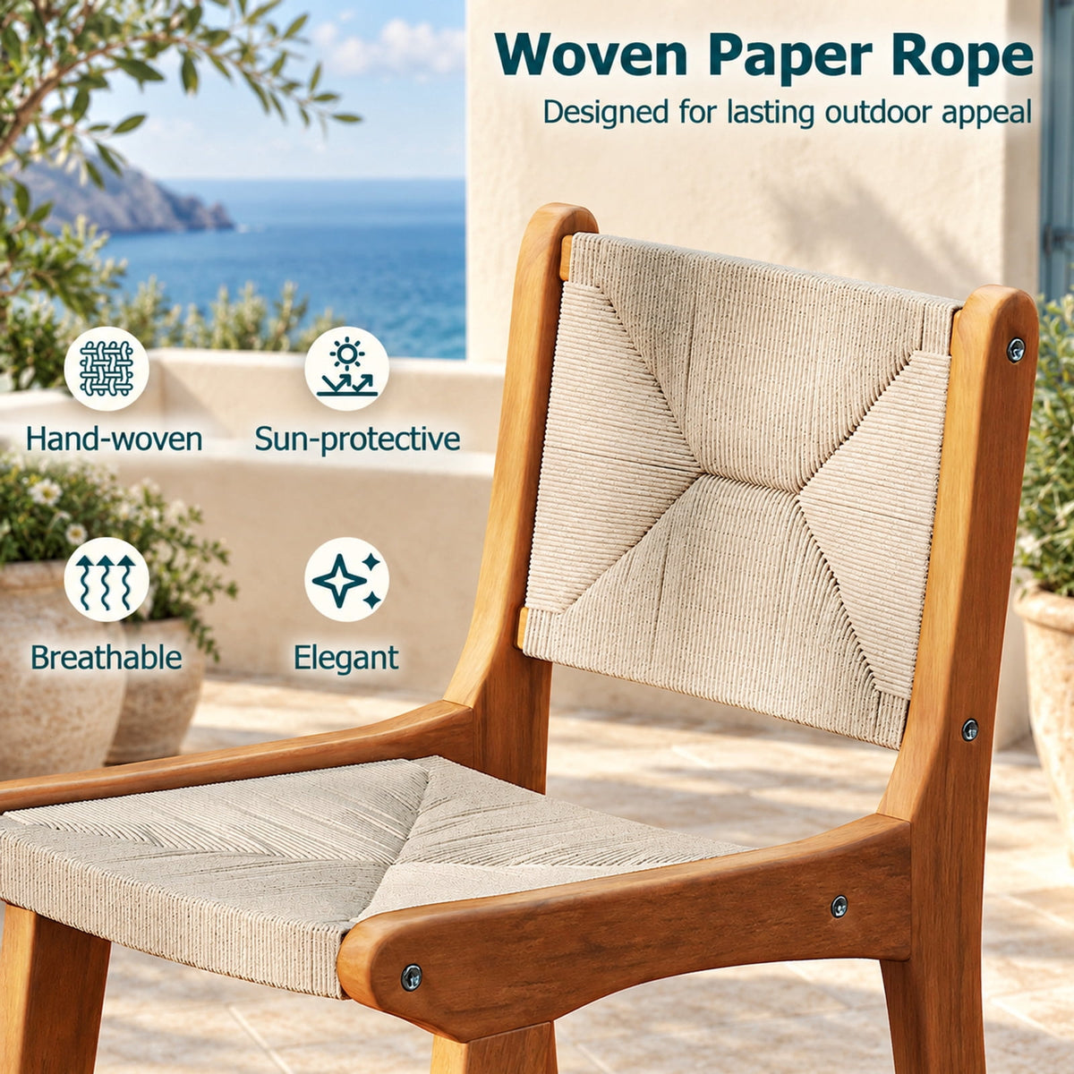 Airfind Set of 4 Outdoor Counter Height Bar Stool Woven Paper Rope Patio Barstool with Teak Wood Frame, 400 lbs Capacity, Wood