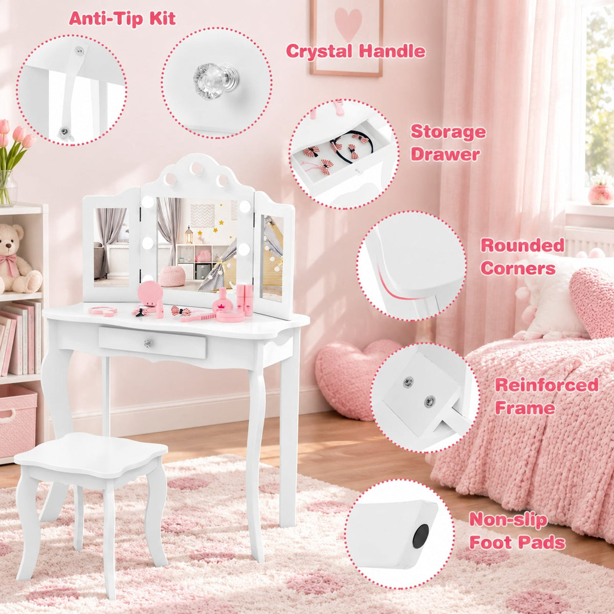 Airfind Kid Vanity Table Stool Set with Tri-Folding Mirror and 3-Color LED Lights, 66 lbs Capacity, P2 MDF Glass Frame, for 3+ Years Old, White