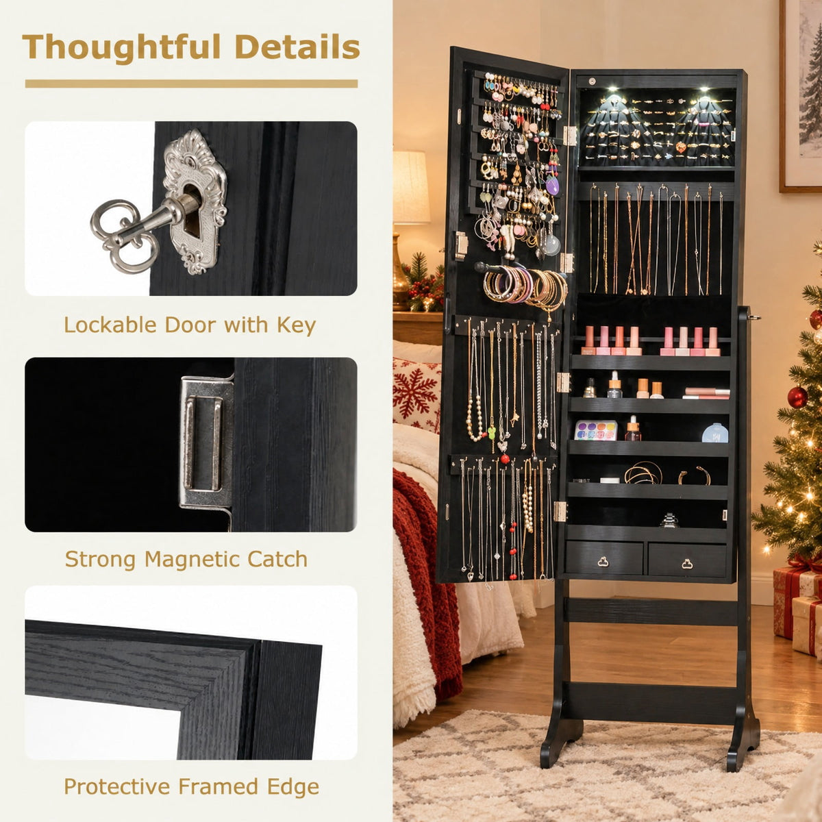 Airfind Lockable Freestanding Jewelry Cabinet Armoire with Full-Length Mirror and Lights, MDF Glass, 16 Inch X 14.5 Inch X 57.5 Inch, Black