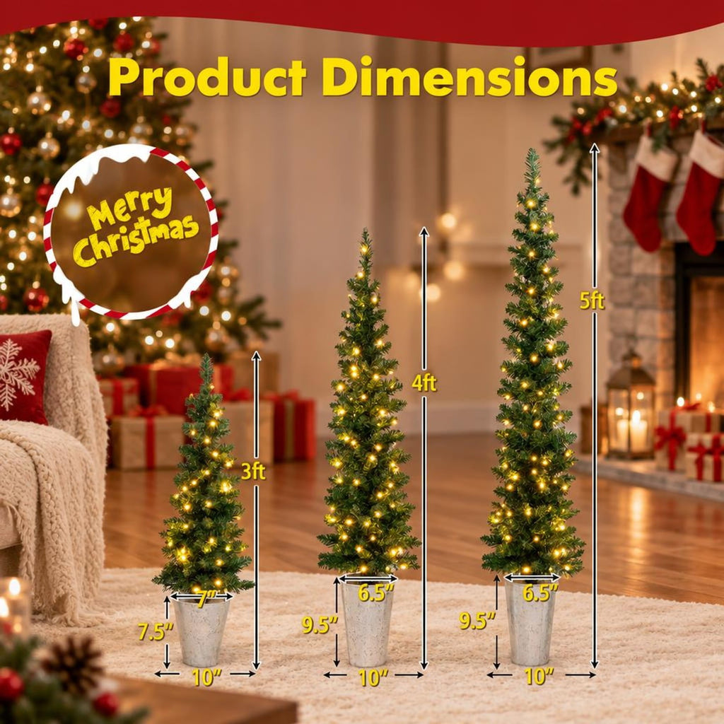 Airfind Set of 3 Pre-Lit Artificial Christmas Trees with 230 Warm White LED Lights, PVC Tree Height 3 ft Tree Width 10 Inch Frame, White