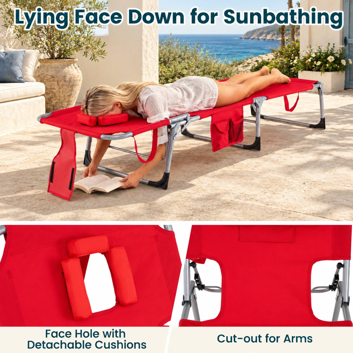 Airfind Set of 2 Tanning Chair Portable Chaise Lounge Chair with 4-Position Adjustable Backrest, 330 lbs Capacity, Red