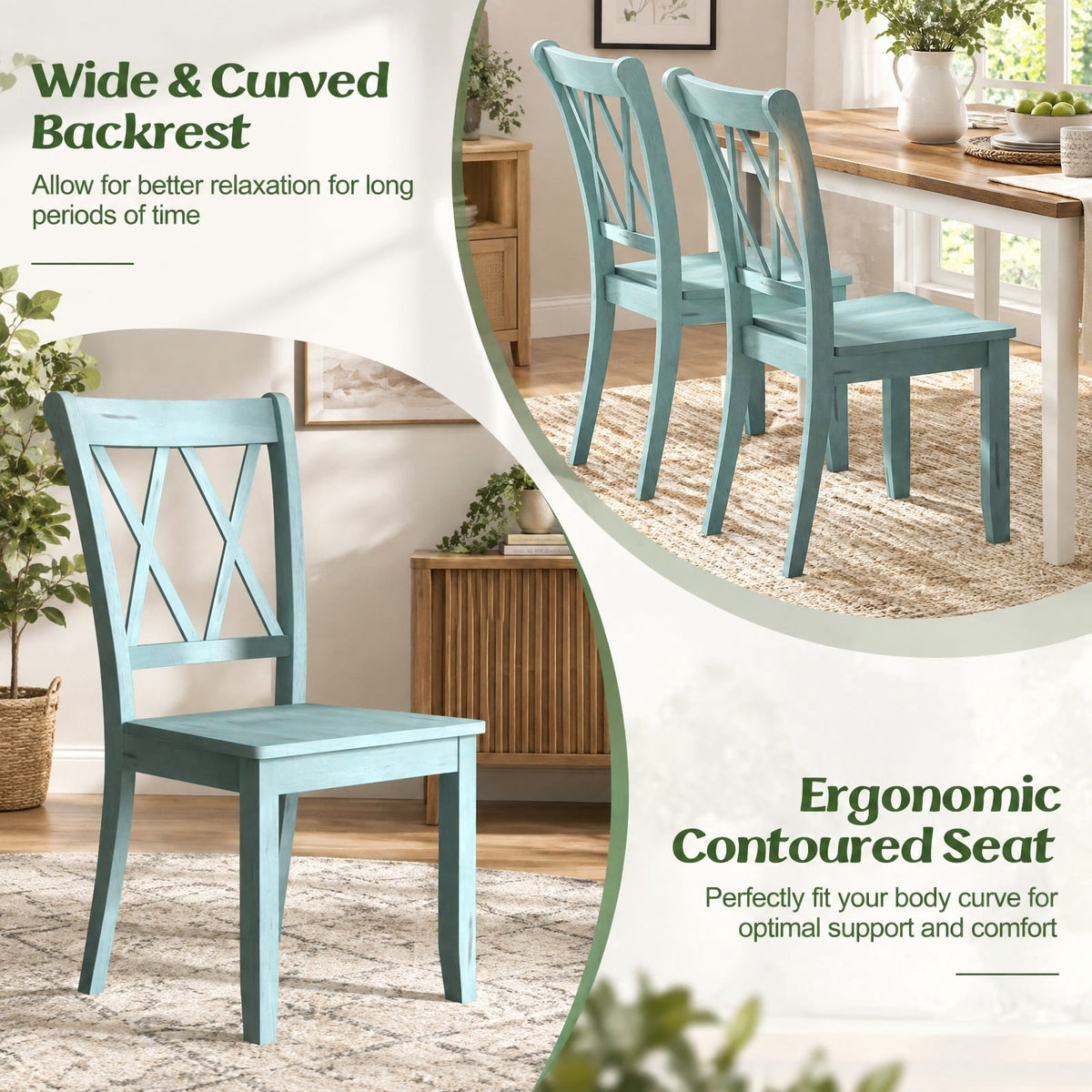 Airfind Set of 2 Cross Back Rubber Wood Dining Chairs, 300 lbs Capacity, Rubber Wood Frame, 20 x 23.5 x 39 Footprint, Green