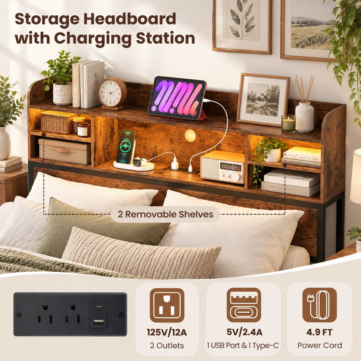 Airfind Full Size Bed Frame with Headboard LED Lights and Charging Station, 660 lbs Capacity, Metal Engineered Wood MDF Frame, Brown