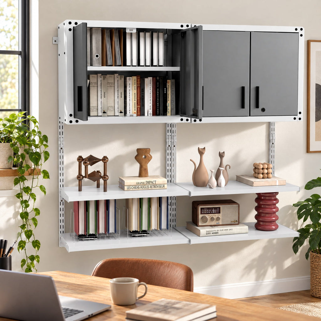 Airfind Metal Wall Cabinet with Lock and 3 Adjustable Shelves, 55 lbs Capacity, Metal Frame, 28.5in x 14in x 47in Footprint, Gray and White