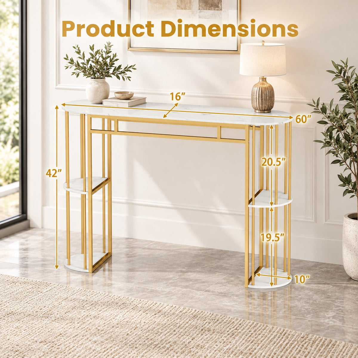 Airfind 60 Inch Long Bar Table Narrow with Faux Marble Tabletop and Storage Shelves, 135 lbs Capacity, Metal Engineered Wood Frame, White
