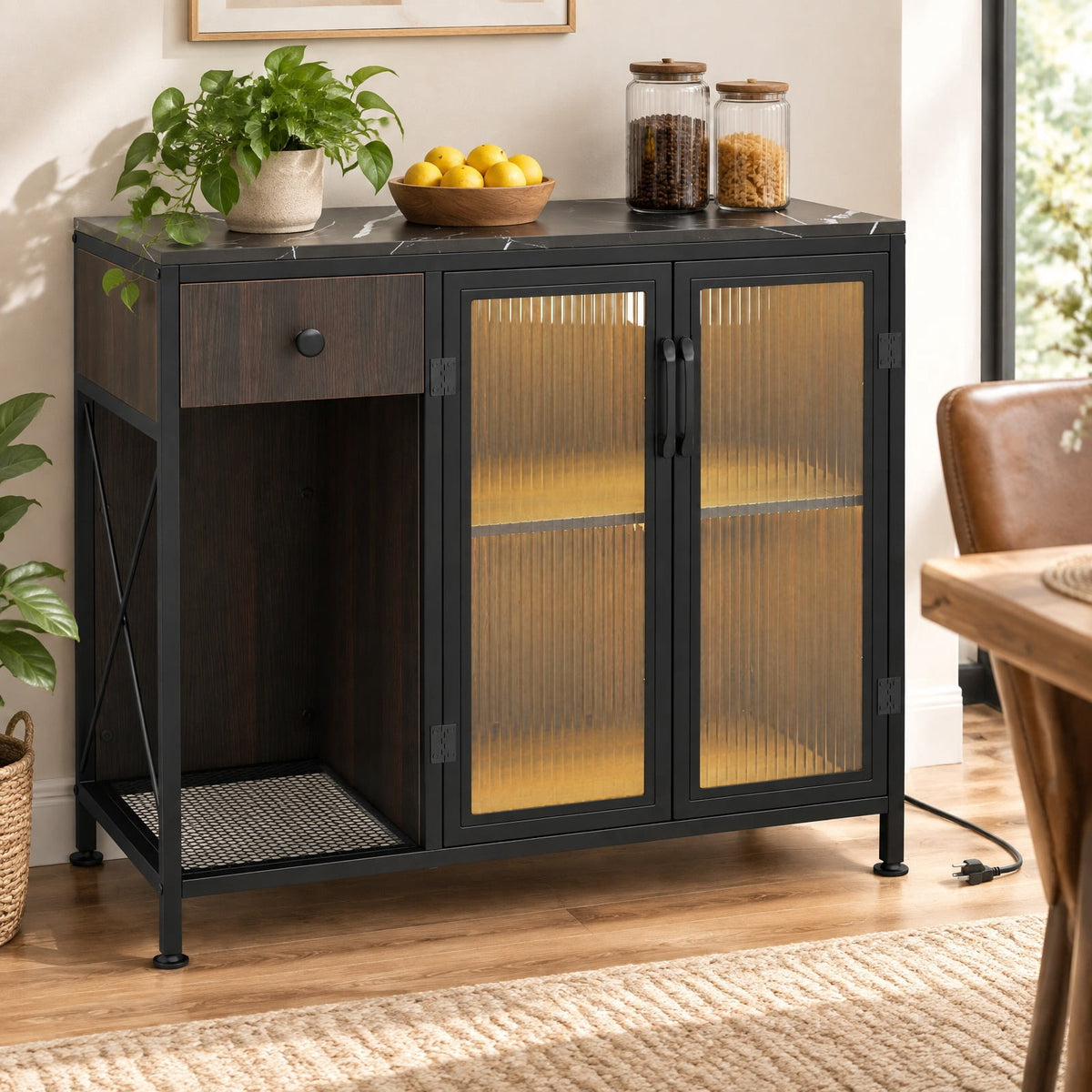 Airfind Buffet Sideboard with Doors, Power Outlets and LED Light, 110 lbs Capacity, Engineered Wood Cabinet for Dining Room, Black