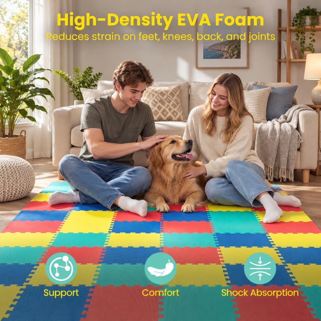 Airfind 18 Pack Interlocking EVA Foam Floor Tiles with Boarders, EVA Foam Frame, 72 Inch x 37 Inch x 0.4 Inch Footprint, Multicolor