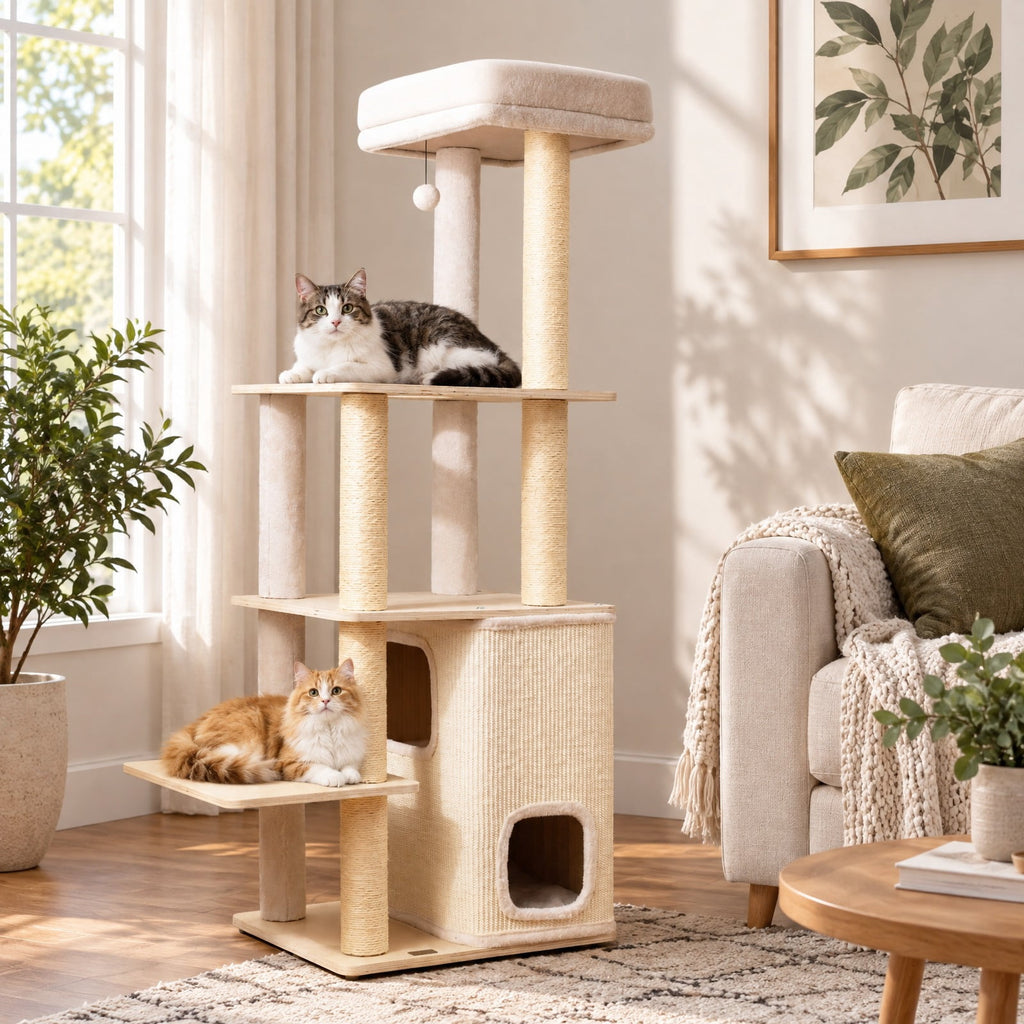 Airfind 63 Inch Tall Wooden Cat Tree with 2-Story Condo and Plush Padded Top Perch, 44 lbs Capacity, 23in x 19in x 63in Condo Footprint, Natural
