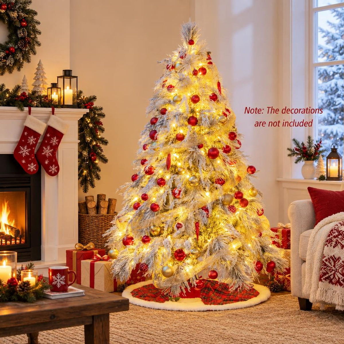 Airfind 6 Feet Pre-Lit Snow Flocked Christmas Tree with Warm White LED Lights-6 ft, White, Diameter of Stand 20/18/16 Inch