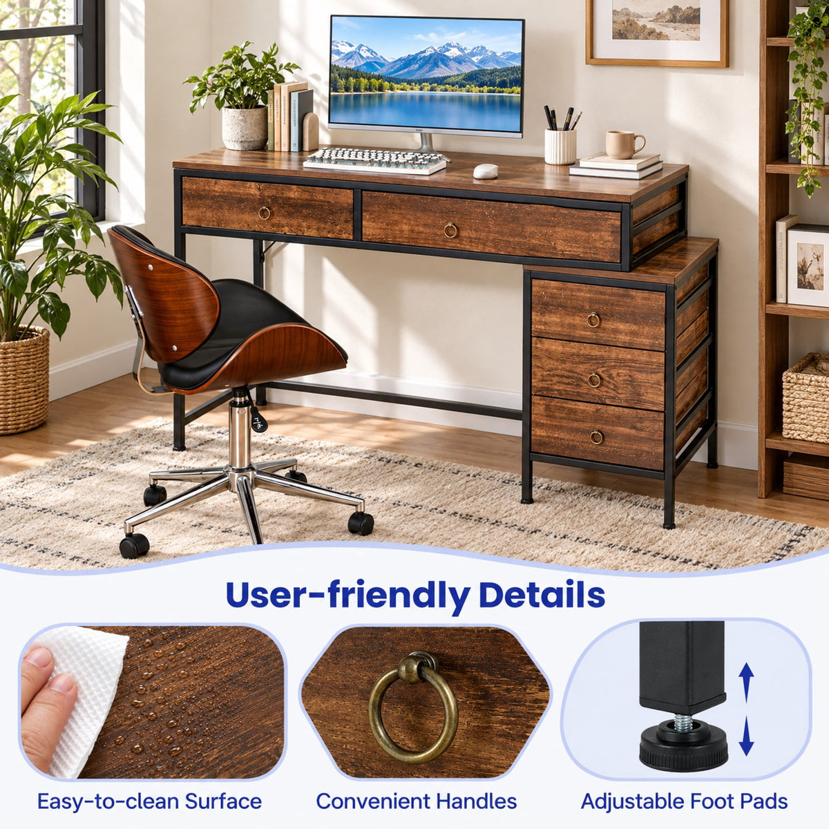 Airfind Computer Desk with 5 Drawers Home Office Desk with Side File Cabinet, 380 lbs Capacity, Engineered Wood Metal MDF Frame, Brown
