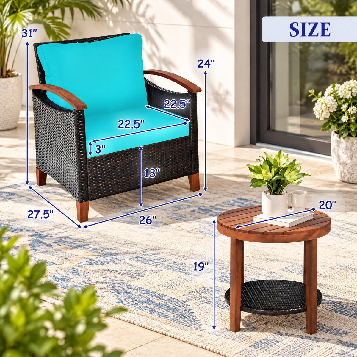 Airfind 3 Pieces Patio Rattan Furniture Set with Washable Cushion and Acacia Wood Tabletop, 360 lbs Capacity, 26 x 27.5 x 31 Footprint, Turquoise