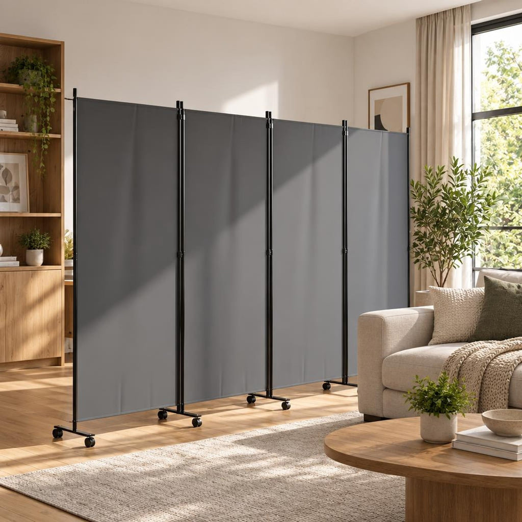 Airfind 4 Panel Folding Privacy Screen Room Divider with Wheels, Polyester Fabric Metal PP Frame, 137 x 12 x 71.5 Footprint, Grey