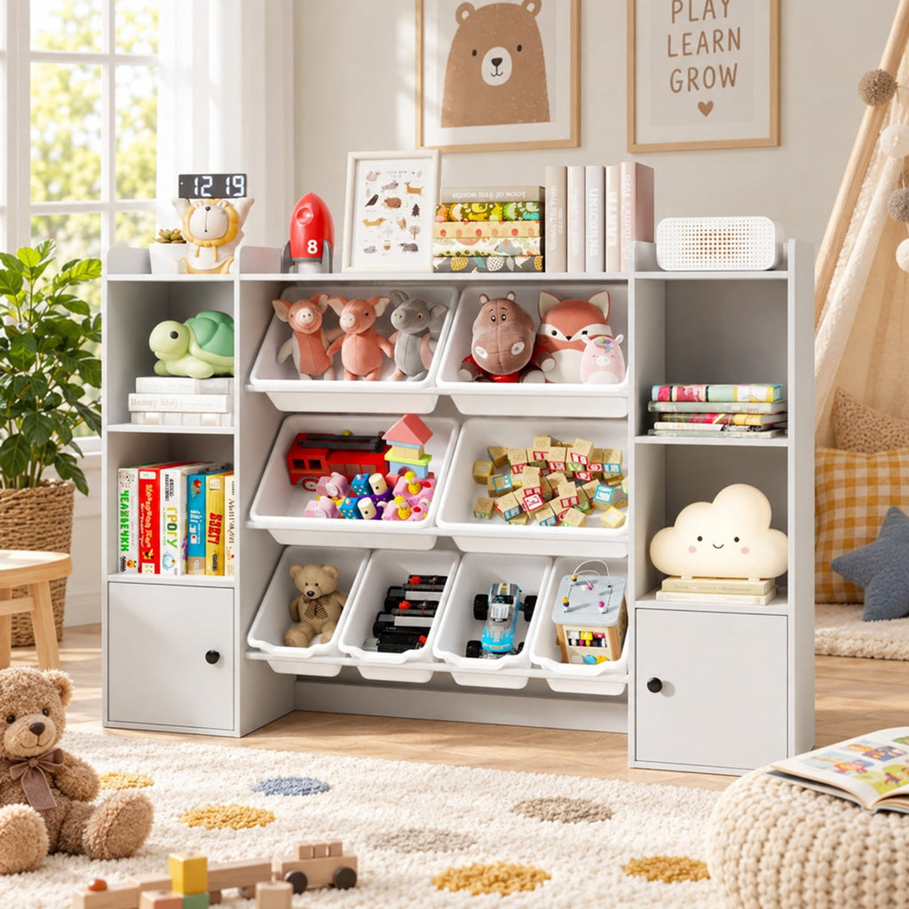Airfind Kids Toy Storage and Bookshelf with Boxes and Open Shelves, 385 lbs Capacity, Engineered Wood Frame, for 3+ Years Old Total, White
