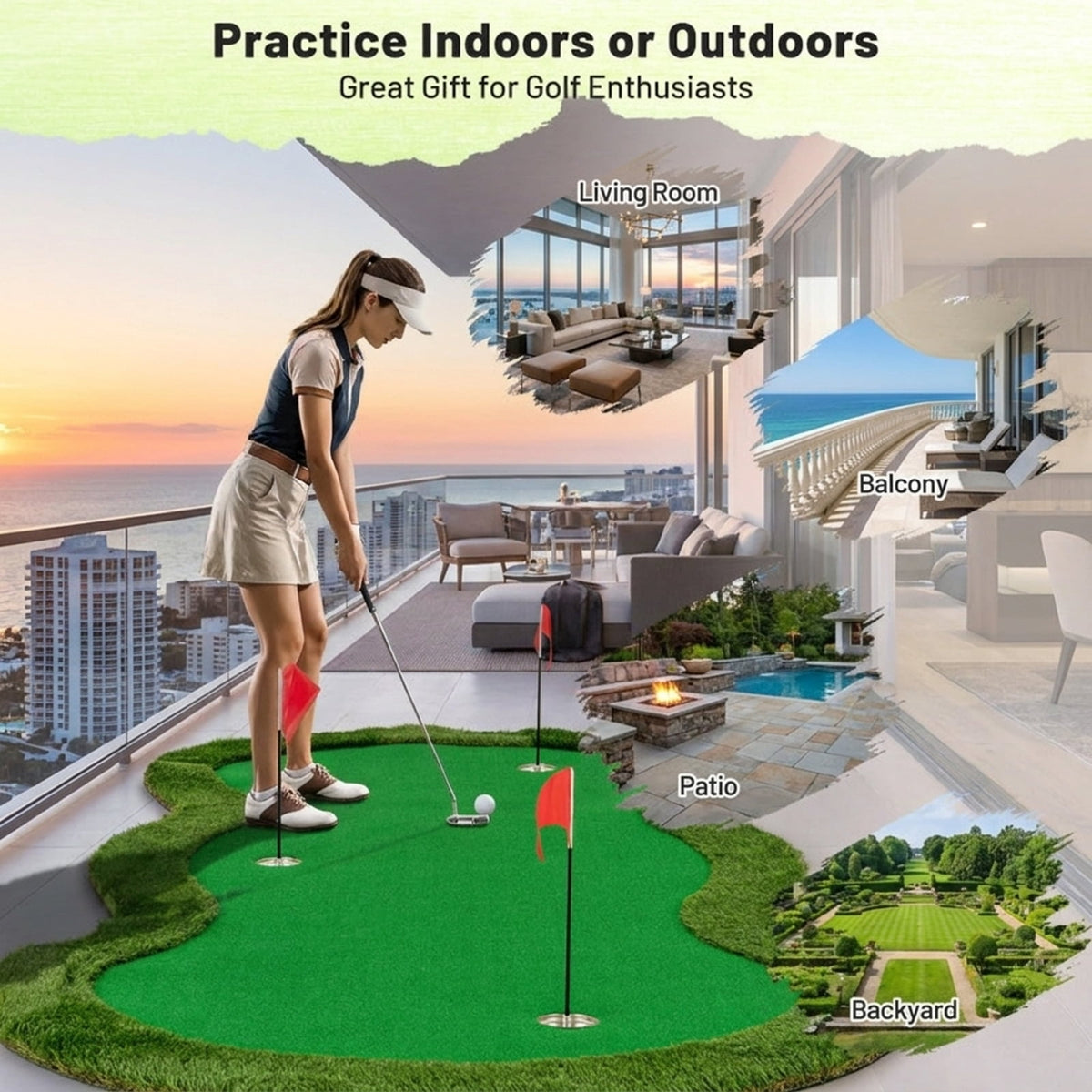 Airfind Foldable Golf Chipping Mat with realistic turf and multiple target holes for backyard practice plus portable case and easy roll-up storage, Green