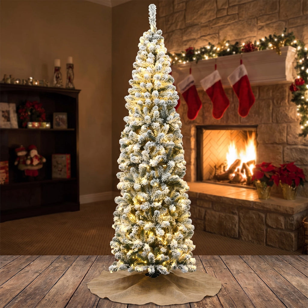 AIRFIND 7.5 ft Pre-Lit Pencil Christmas Tree with 350 Warm White LED Lights, 641 Flocked Branch Tips, Hinged Sections and Folding Metal Stand