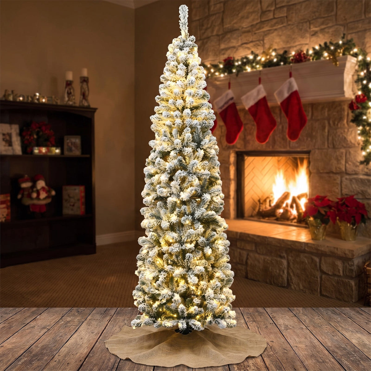 AIRFIND 7.5 ft Pre-Lit Pencil Christmas Tree with 350 Warm White LED Lights, 641 Flocked Branch Tips, Hinged Sections and Folding Metal Stand