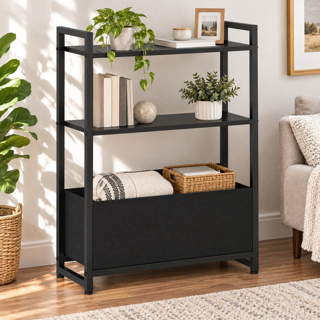 Airfind Narrow End Table with Storage Shelves and Metal Frame, 25 lbs Capacity, Engineered Wood Metal Fabric Frame, 19 x 8 x 25.5 Footprint