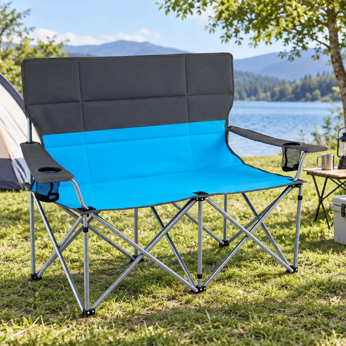 Airfind Double Camping Chair with Carry Bag Cup Holders, 660 lbs Capacity, Metal Oxford Fabric Sponge, 40 Inch x 20.5 Inch x 36.5 Inch , Blue