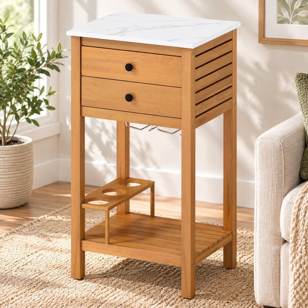 Airfind Patio Acacia Wood Storage Cabinet Patio Buffet Cabinet Bar Table with Faux Marble Countertop, 165 lbs Capacity, Acacia Wood Resin Frame